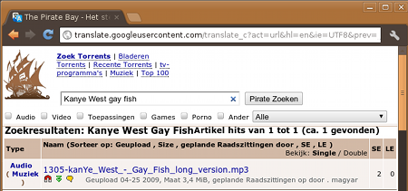 The Pirate Bay toont 'Kayne West gay fish' via Google Translate