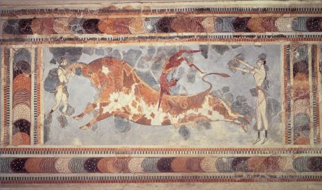 Een fresco uit Knossos met een man die een stierensprong uitvoert