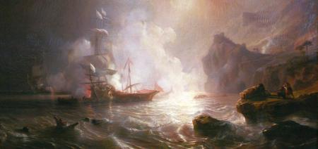 Frans schip in gevecht met Barbarijse piraten (schilderij 19e eeuw)