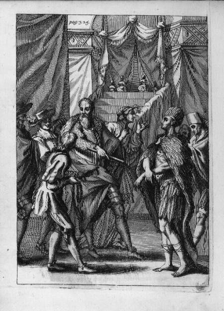 Montezuma door Cortés gevangengenomen, door 17e-eeuwse Nederlander Van Beecq