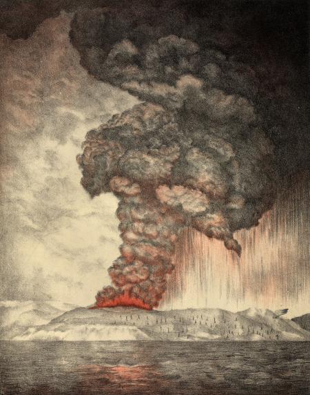 Lithograaf van uitbarsting op Krakatau