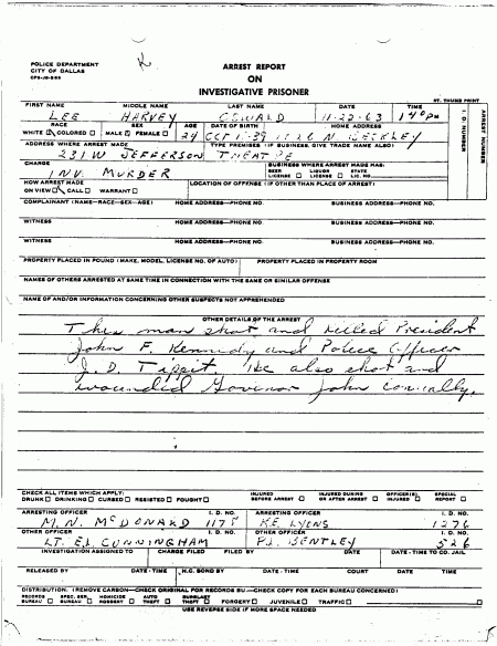 Het arrestatierapport van Lee Harvey Oswald