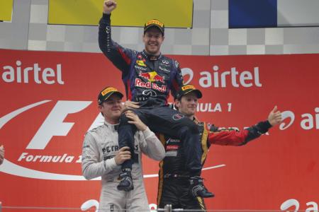 Dankzij de overwinning bij de GP van India stelt Sebastian Vettel zijn vierde wereldtitel Formule 1 veilig. Hiermee is Vettel de jongste viervoudige wereldkampioen ooit. (Foto: Pro Shots)
