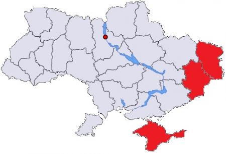 Opstandig deel Oekraïne; Kiev is de rode stip