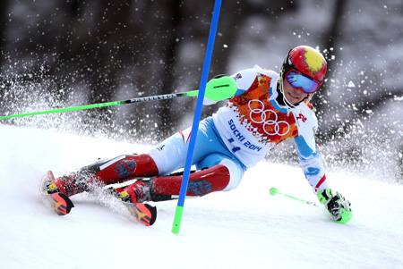 Hirscher tijdens de olympische slalom in Sochi, waar hij zilver pakte (Foto: PRO SHOTS/GEPA)