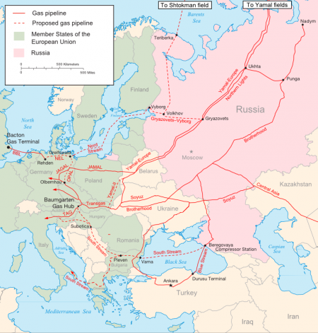 Pijpleidingen Rusland-Europa. Plaatje gemaakt door Wiki-user Samuel Bailey.