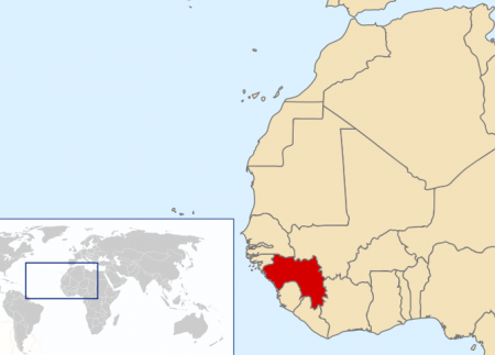 Guinee op de kaart van Afrika. (Kaartje: Wikipedia)