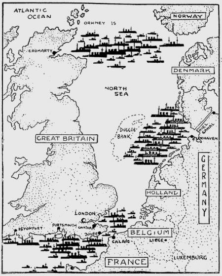 Een kaartje van de situatie rondom de Noordzee in 1914