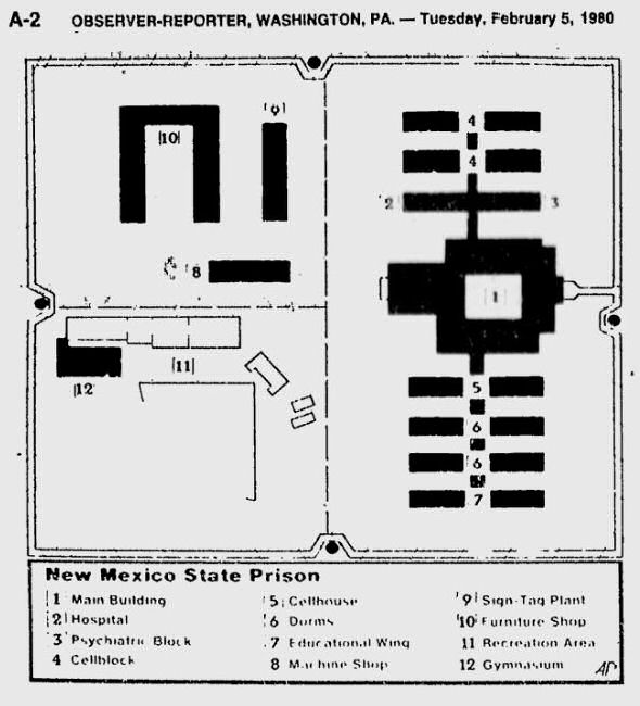Een plattegrond van de gevangenis (Observer-reporter 5 februari 1980)