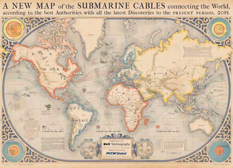 Wereldkaart met onderzeese verbindingen (Foto: TeleGeography)