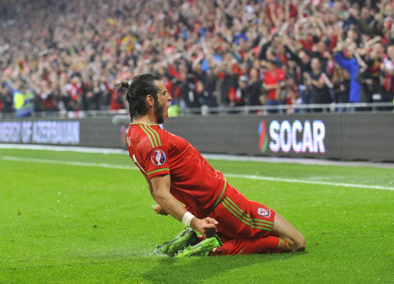 Garath Bale viert het doelpunt tegen België. (PRO SHOTS/Actionimages)