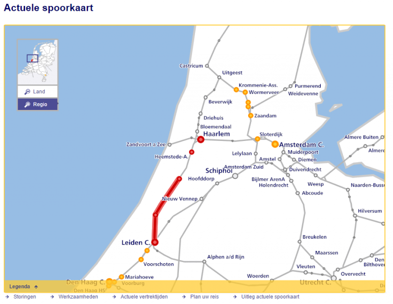 Geen treinverkeer mogelijk tussen haarlem en leiden (Foto: screenshot NS)