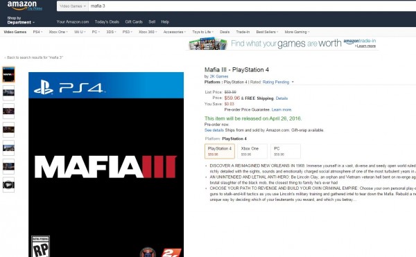 Mafia 3 releasedatum op Amazon