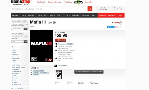 Mafia 3 releasedatum op Gamestop