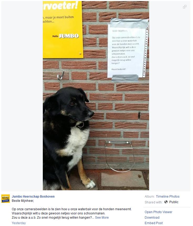 Facebookpost over de gestolen drinkbak (Foto: Jumbo Bashoven))