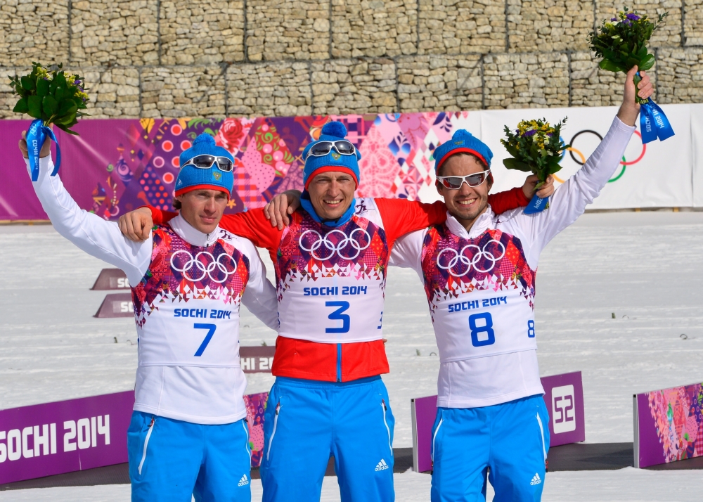 Het volledig Russische podium tijdens de 50 kilometer vrije stijl (Pro Shots / Gepa)