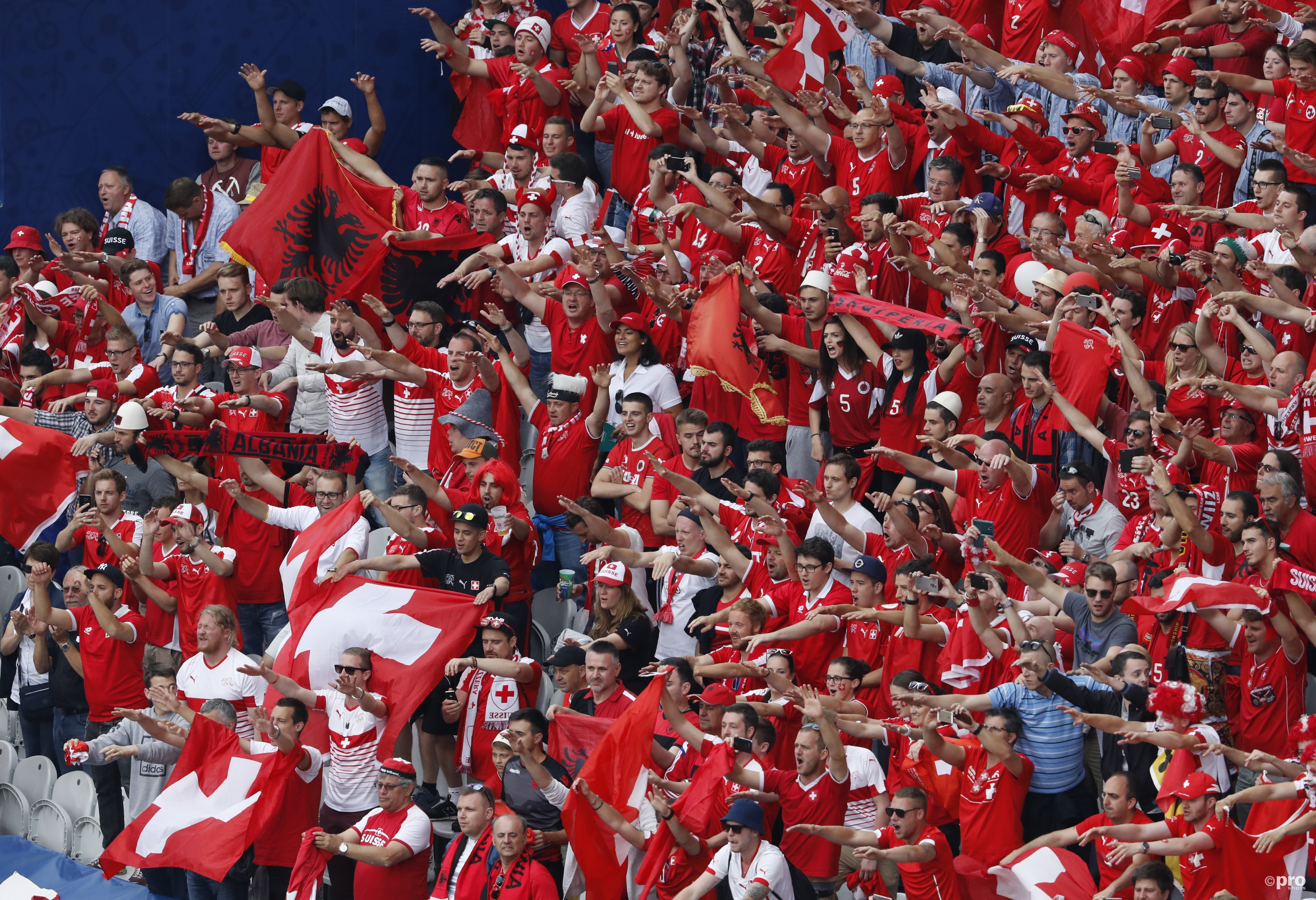 Fans van Albanië en Zwitserland zitten bij elkaar. (PRO SHOTS/Action Images)