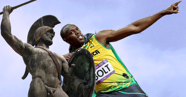 Twee olympische supersterren met meer dan 2000 jaar er tussen...we zien in elk geval één punt(je) waarop Usain Bolt deze strijd wint (Foto: Sovereign Man)