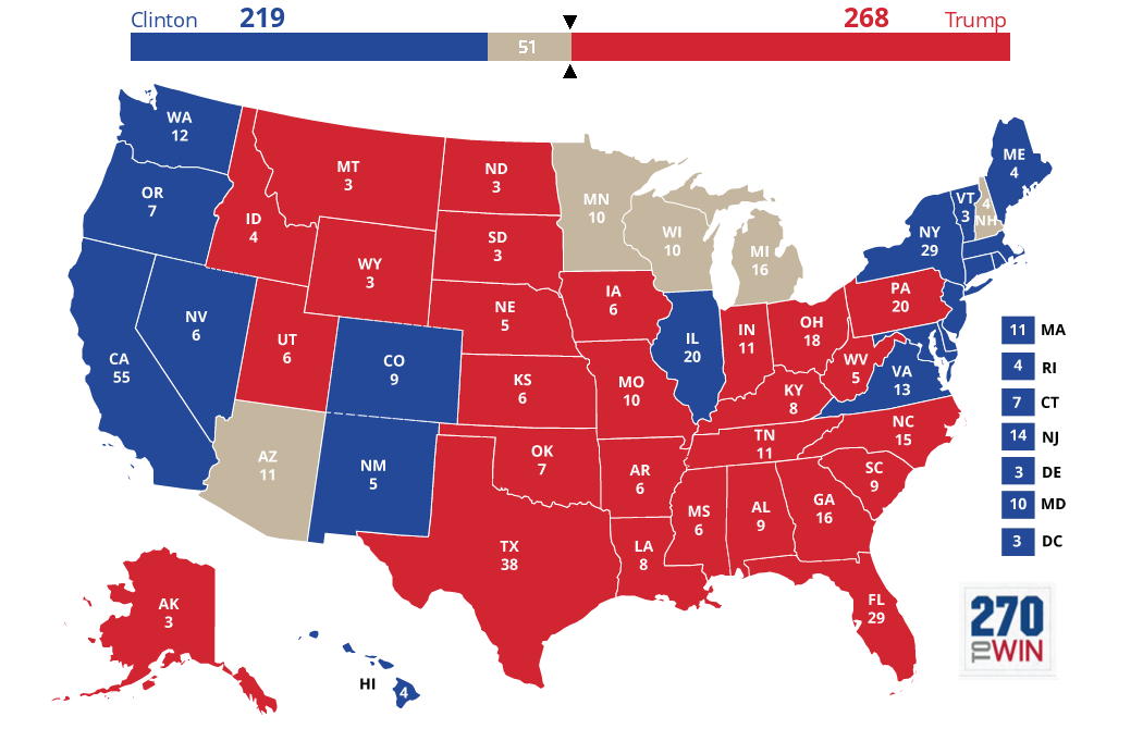 Clinton vs Trump (Bron: 270towin.com)