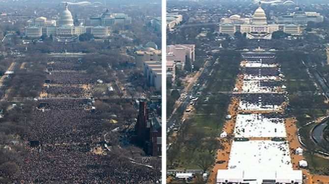 De bewuste 'foto'. Links Obama om 11:30, een half uur voor de inauguratie. Rechts Trump, 8:43, ruim 3 uur voor de inauguratie