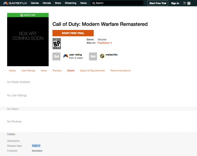 Call of Duty: Modern Warfare Remastered gerucht