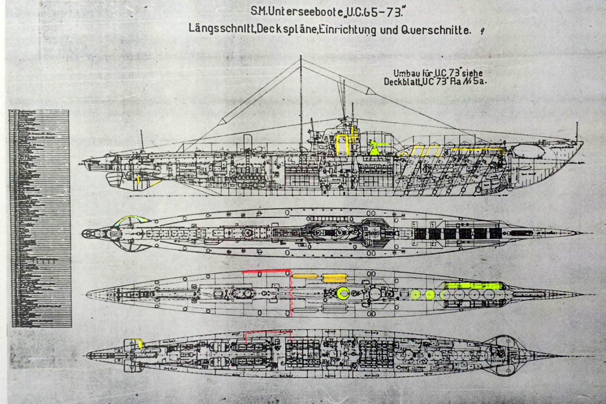 Beeld: De bouwtekening van het onderzeeboottype waartoe de UC-69 behoort.