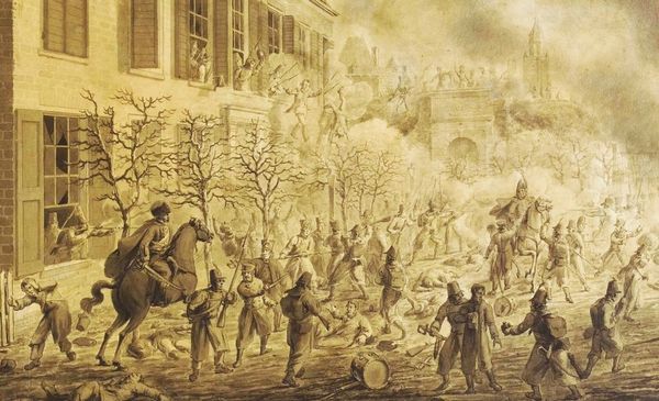 De eindfase van de strijd om Arnhem op 30 november 1813. Links is te zien hoe Franse soldaten zich hebben verschanst in logement ‘De Zon’. Op de achtergrond ontwaart men tussen de rook en kruitdamp de Rijnpoort. Gedeelte van een tekening/aquarel door N. Sonnenberg uit 1815.