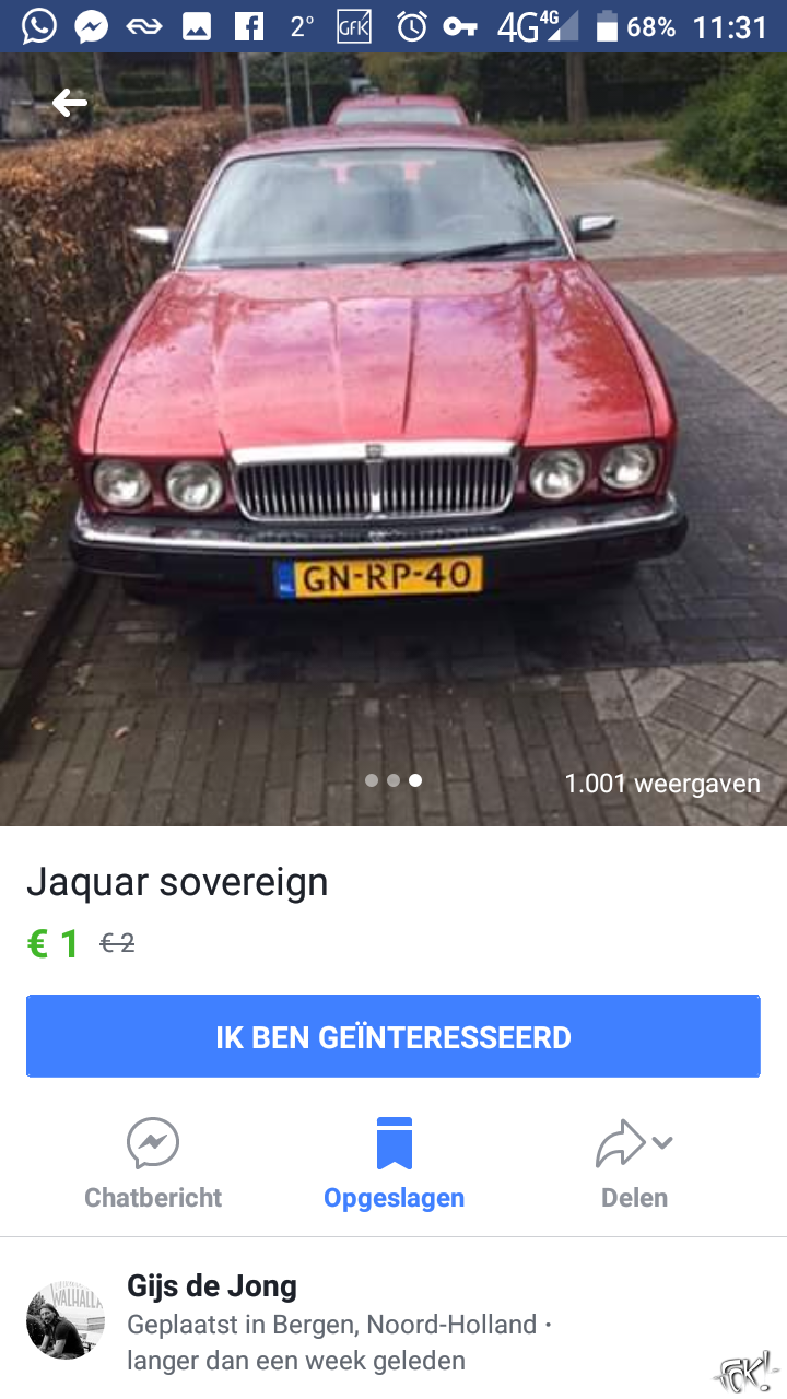 Jaguar te koop, nu afgeprijsd van 2 naar 1 euro!  (Foto: Screenshot Facebook )