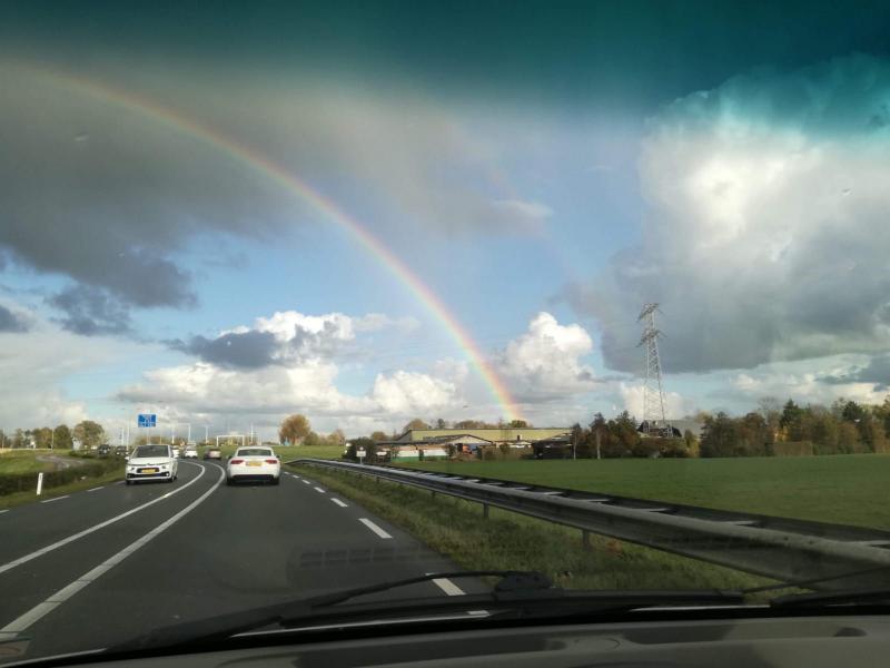 Regenboog vanuit de auto (Foto: Papabear)