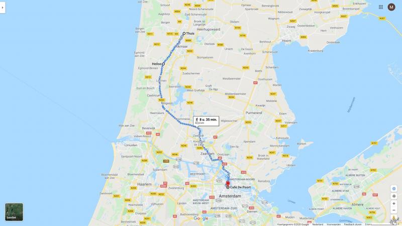 De voorlopige wandelroute van DJMO van Alkmaar naar Amsterdam 