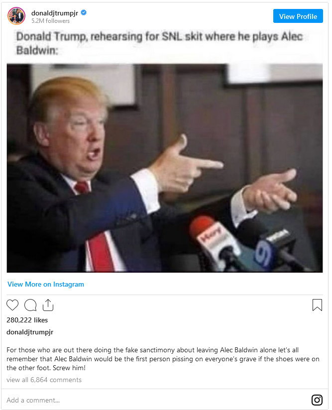 Persifleren SNL  door trump jr op Instagram (Bron : https://www.instagram.com/p/CVc66tuLk1P/?utm_source=ig_web_copy_link)