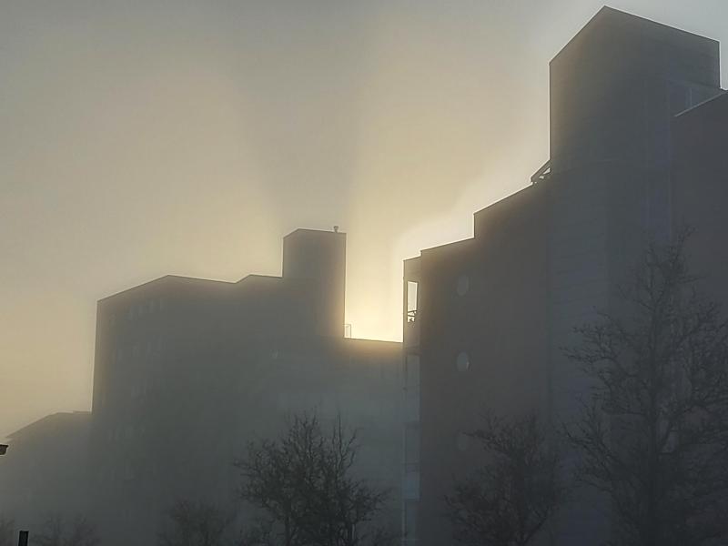 Mist, veel gezien, al deed de zon zijn best. Erg mooi om de schaduw van de toren te zien. Foto gemaakt in Purmerend. (Foto: Pukeko)