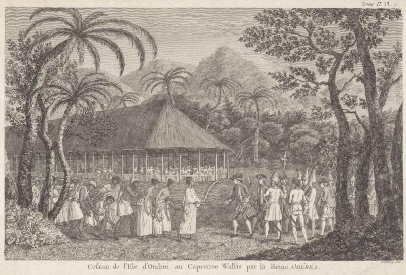 De bemanning van de HMS Dolphin en de lokale bevolking van Tahiti (WikiCommons/National Library of Australia)