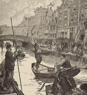 Het palingtrekken op de Lindengracht (WikiCommons/M. de Haenen/PD-Art.)