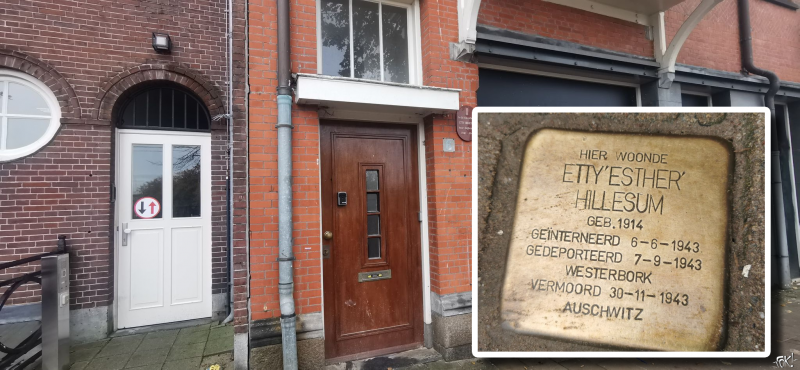 De woning waar Etty Hillesum in Amsterdam woonde. (Inzet: de struikelsteen, foto bewerking door ToT) (Foto: FOK!/DJMO)