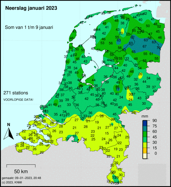 Het langjarig gemiddelde is 68 mm in januari, dit zal komende dagen overal wel gehaald kunnen worden (Foto: KNMI)