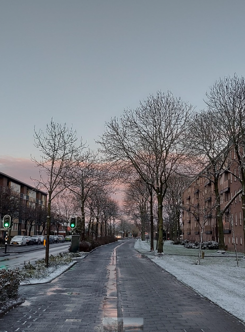 Een natte sneeuw weerbeeld in Purmerend, wat vandaag ook zomaar kan. (Foto: Pukeko)