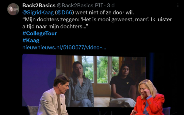 Sigrid Kaag bij collegetour (Back to Basics op Twitter) 