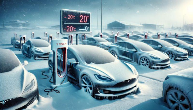 Tesla's in winterse kou - ter illustratie (Foto: Dall-E)