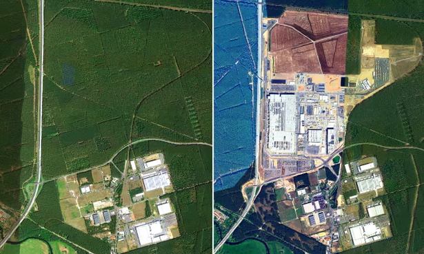 De Teslafabriek. Links 2019, rechts 2023.