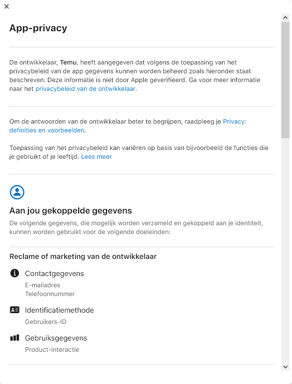 Privacy Details Temu Apple App Store