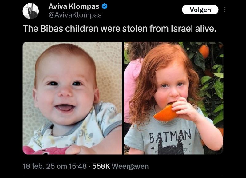 Ariel en Kfir Bibas, de jongste door Hamas gegijzelden (@Aviva Klompas on X 180225)