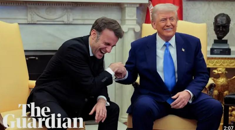 Macron en Trump tijdens persmoment (@Guardian on YouTube 250225)