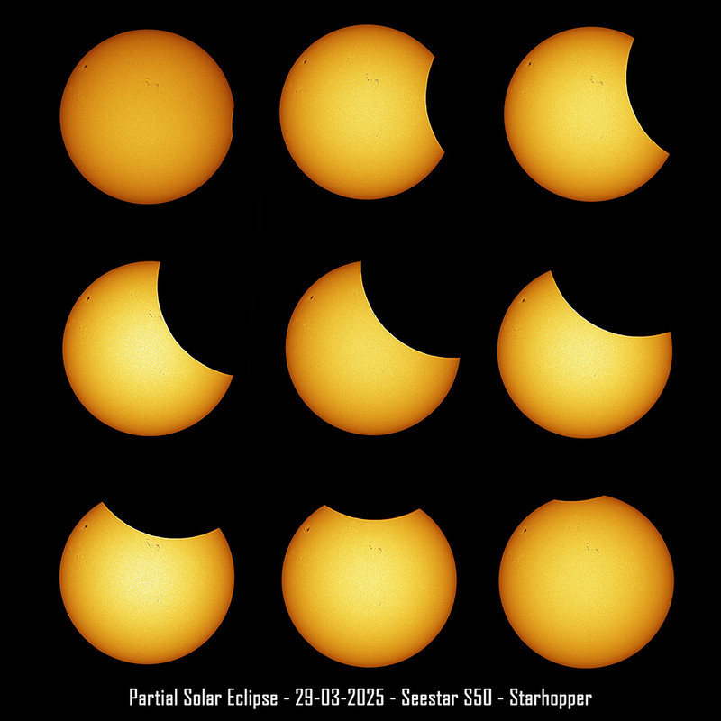 Zonsverduistering 29 maart 2025 gefotografeerd door Starhopper, compositie met circa 13 minuten tussen de foto's Zonsverduistering 29 maart 2025 gefotografeerd door Starhopper, compositie met circa 13 minuten tussen de foto's