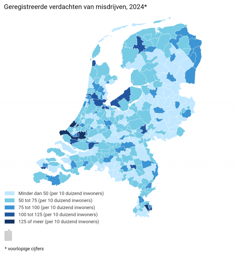 Geregistreerde verdachten van misdrijven naar locatie 2024 (@CBS) Geregistreerde verdachten van misdrijven naar locatie 2024 (@CBS)