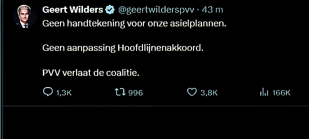 Wilders laat weten uit de coalitie te stappen (@ Geert Wilders on X 9.15 uur 030625)