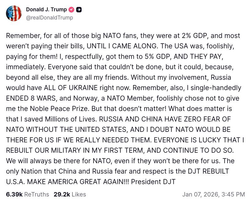 Donald Trump on Truth social Jan 07, 2026, 3:45 PM (@ Donald Trump) 