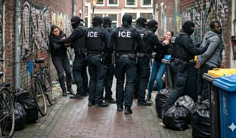 ICE-agenten in een Amsterdamse steeg (@Gemini-AI-impressie) 
