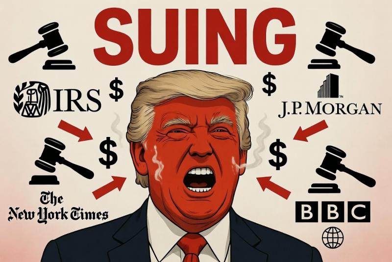 Trump klaagt iedereen de moeder aan (Afbeelding: Grok / FOK.nl) Trump klaagt iedereen de moeder aan (Afbeelding: Grok / FOK.nl)