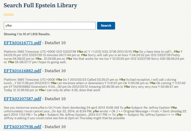 zoeken op 'Yfke' in de Epstein files geeft 1912 resultaten